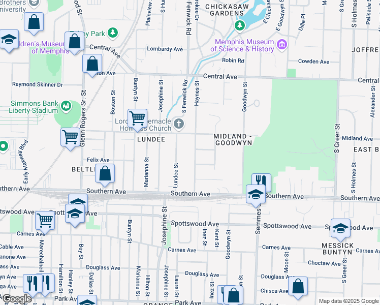 map of restaurants, bars, coffee shops, grocery stores, and more near 511 Haynes Street in Memphis