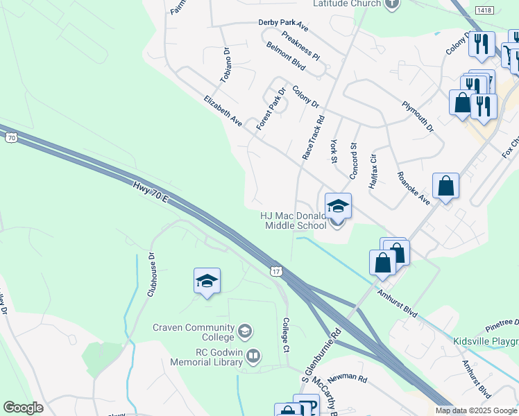 map of restaurants, bars, coffee shops, grocery stores, and more near 104 English Ivy Lane in New Bern