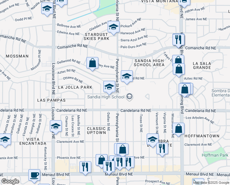 map of restaurants, bars, coffee shops, grocery stores, and more near 7701 Candelaria Road Northeast in Albuquerque