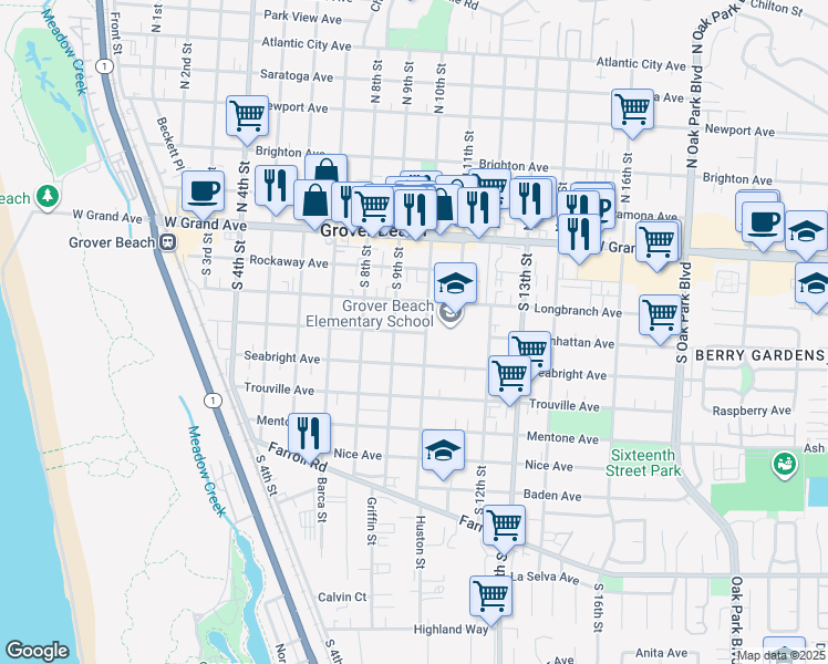 map of restaurants, bars, coffee shops, grocery stores, and more near 422 South 10th Street in Grover Beach