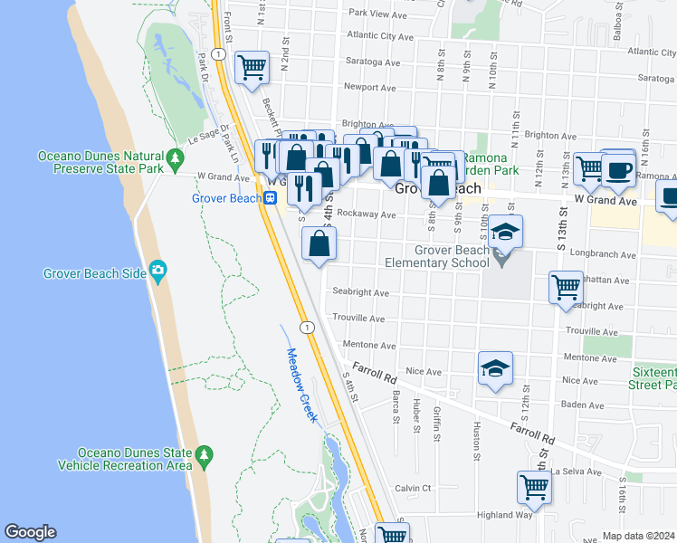 map of restaurants, bars, coffee shops, grocery stores, and more near 452 South 5th Street in Grover Beach