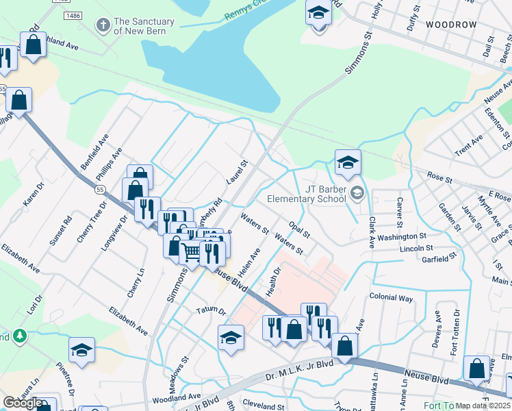 map of restaurants, bars, coffee shops, grocery stores, and more near 2111 Opal Street in New Bern