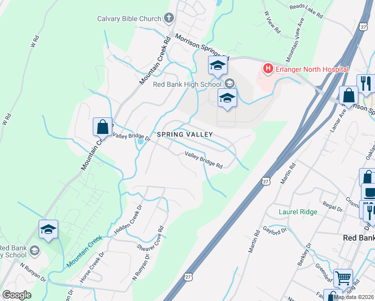 map of restaurants, bars, coffee shops, grocery stores, and more near 634 Valley Bridge Road in Chattanooga