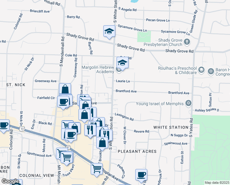 map of restaurants, bars, coffee shops, grocery stores, and more near 480 South White Station Road in Memphis
