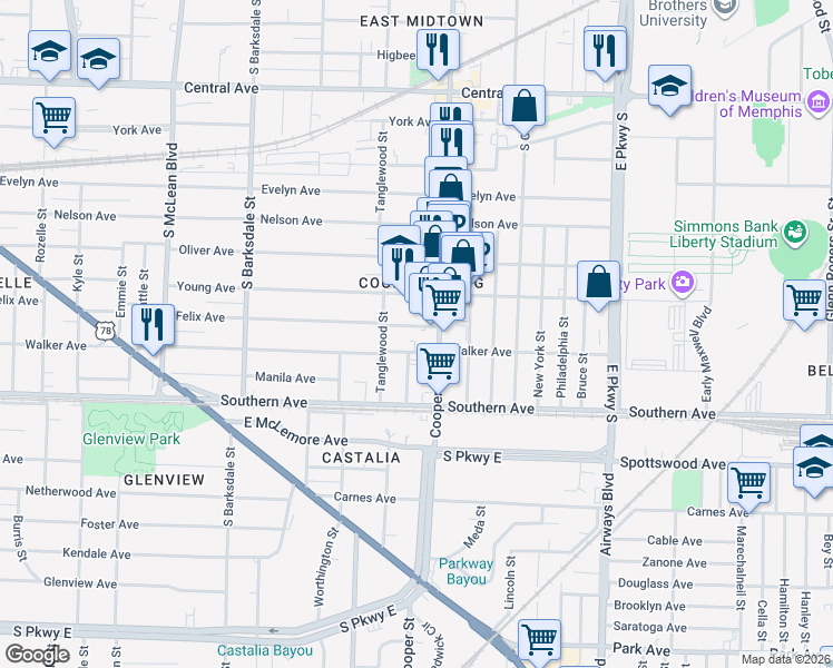 map of restaurants, bars, coffee shops, grocery stores, and more near 2092 Walker Avenue in Memphis
