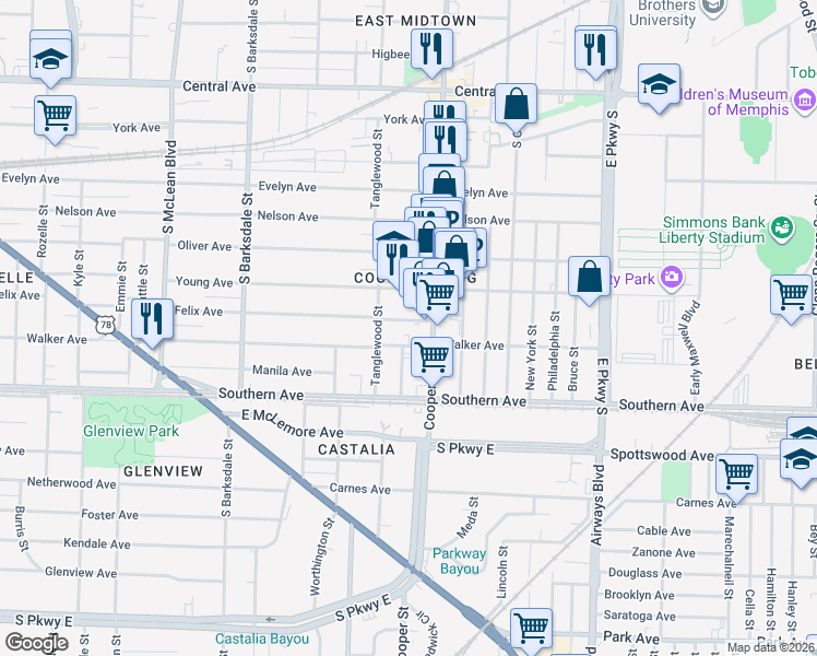 map of restaurants, bars, coffee shops, grocery stores, and more near 2092 Walker Avenue in Memphis