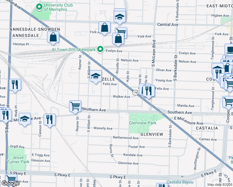 map of restaurants, bars, coffee shops, grocery stores, and more near 1676 Walker Avenue in Memphis