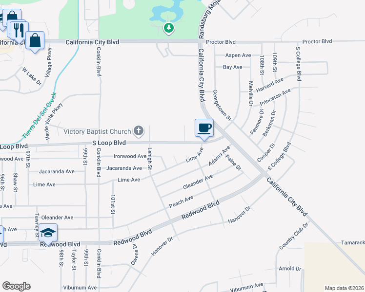 map of restaurants, bars, coffee shops, grocery stores, and more near in California City