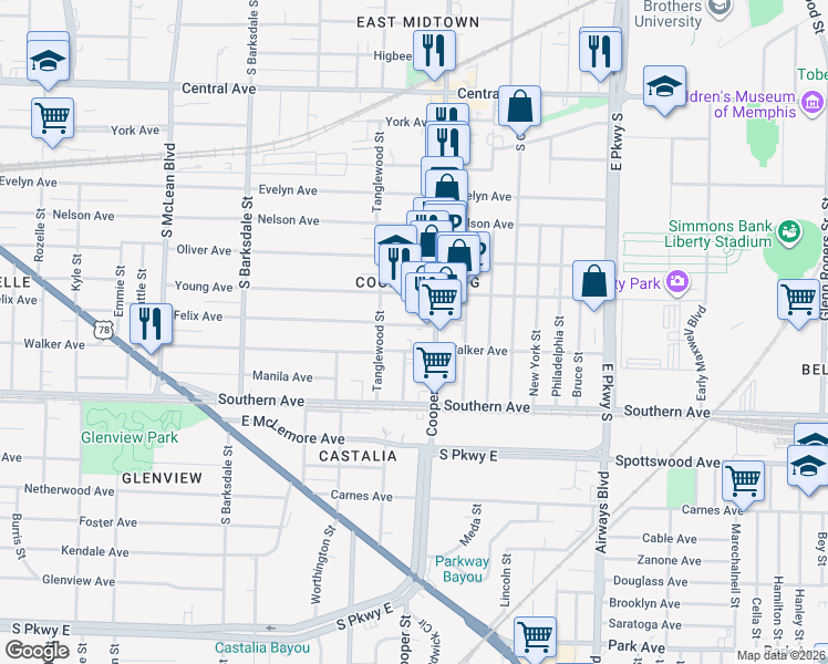 map of restaurants, bars, coffee shops, grocery stores, and more near 2092 Walker Avenue in Memphis