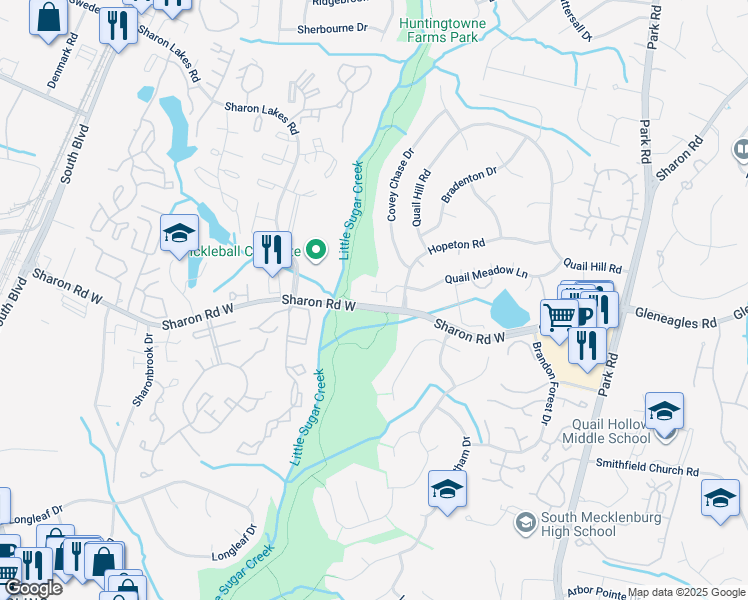 map of restaurants, bars, coffee shops, grocery stores, and more near 7525 Quail Meadow Lane in Charlotte