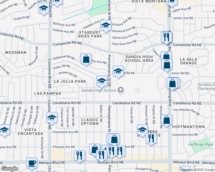 map of restaurants, bars, coffee shops, grocery stores, and more near 7701 Candelaria Road Northeast in Albuquerque