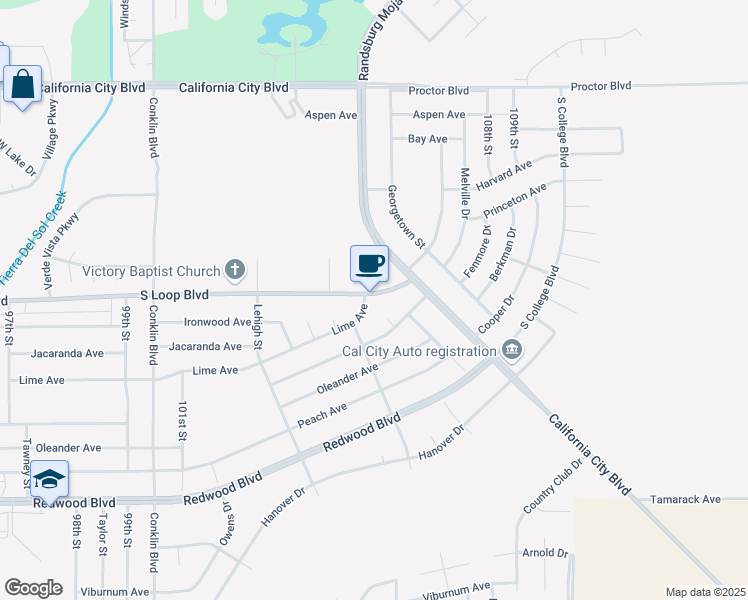 map of restaurants, bars, coffee shops, grocery stores, and more near 10516 South Loop Boulevard in California City