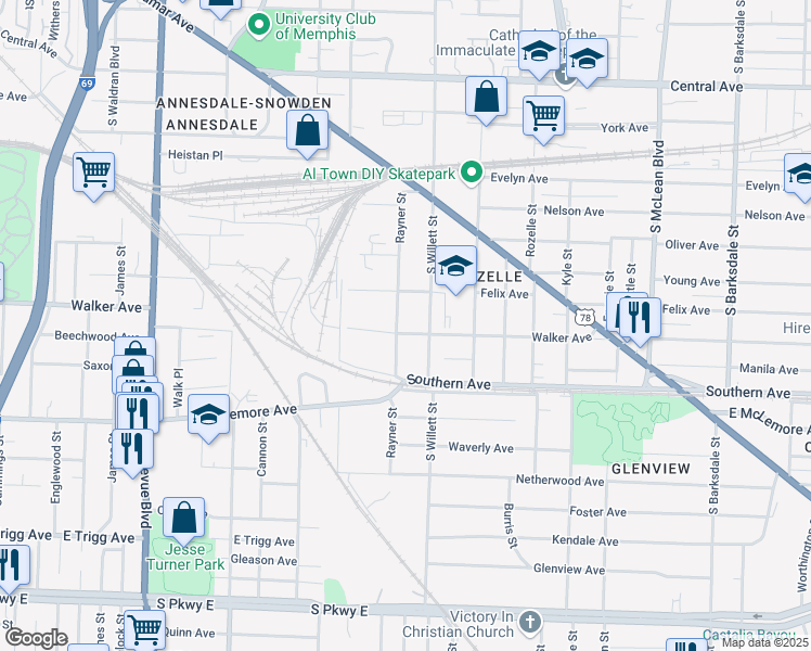 map of restaurants, bars, coffee shops, grocery stores, and more near 1020 Rayner Street in Memphis