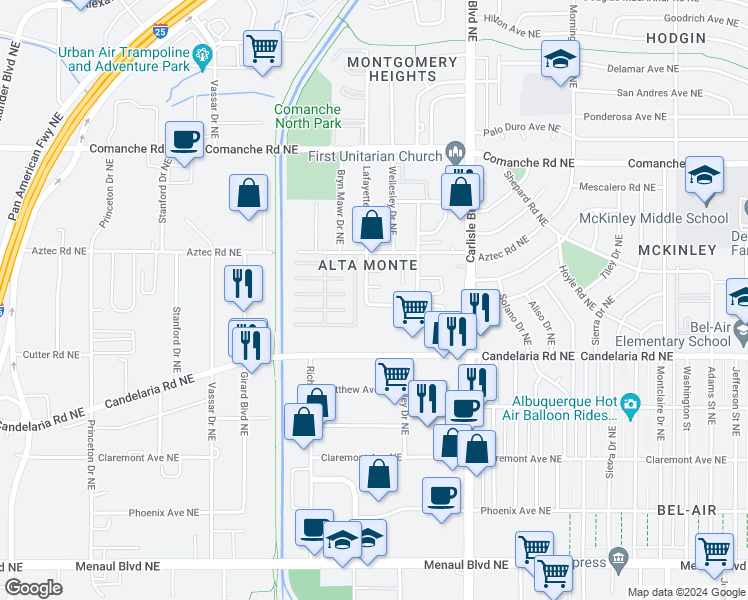 map of restaurants, bars, coffee shops, grocery stores, and more near 3200 Lafayette Drive Northeast in Albuquerque