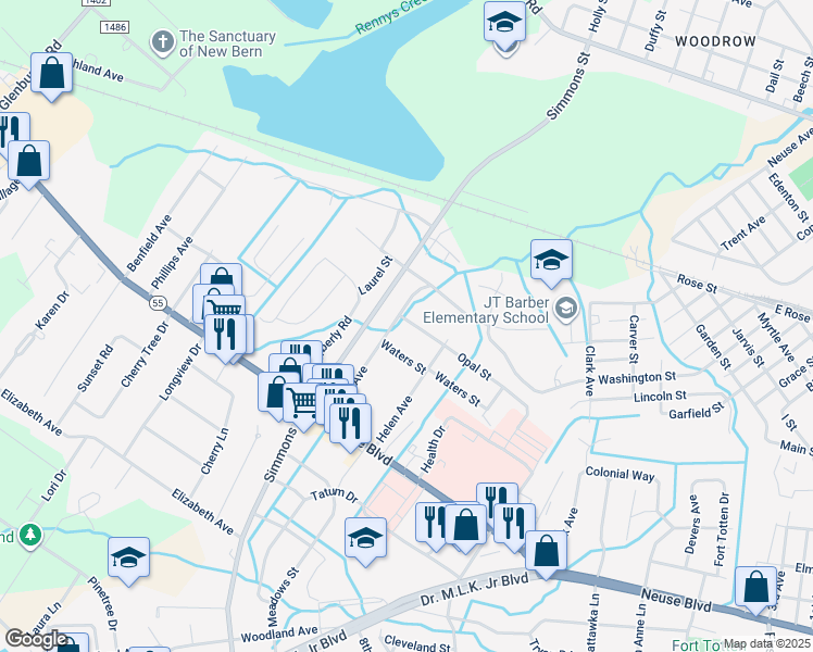 map of restaurants, bars, coffee shops, grocery stores, and more near 2111 Opal Street in New Bern