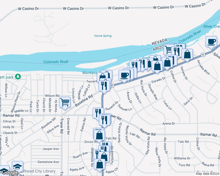 map of restaurants, bars, coffee shops, grocery stores, and more near 1954 Highway 95 in Bullhead City
