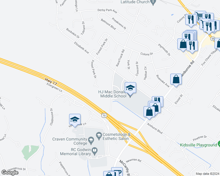 map of restaurants, bars, coffee shops, grocery stores, and more near 1473 RaceTrack Road in New Bern
