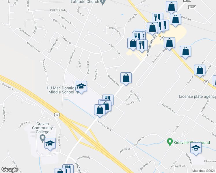 map of restaurants, bars, coffee shops, grocery stores, and more near 806 Halifax Circle in New Bern