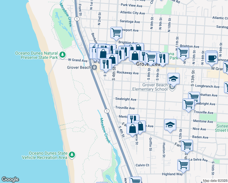 map of restaurants, bars, coffee shops, grocery stores, and more near 425 South 4th Street in Grover Beach