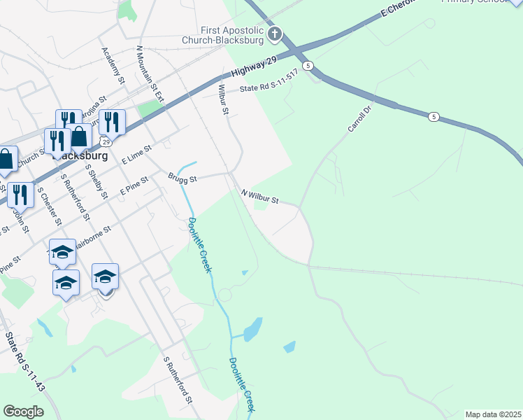 map of restaurants, bars, coffee shops, grocery stores, and more near State Road S-11-382 in Blacksburg