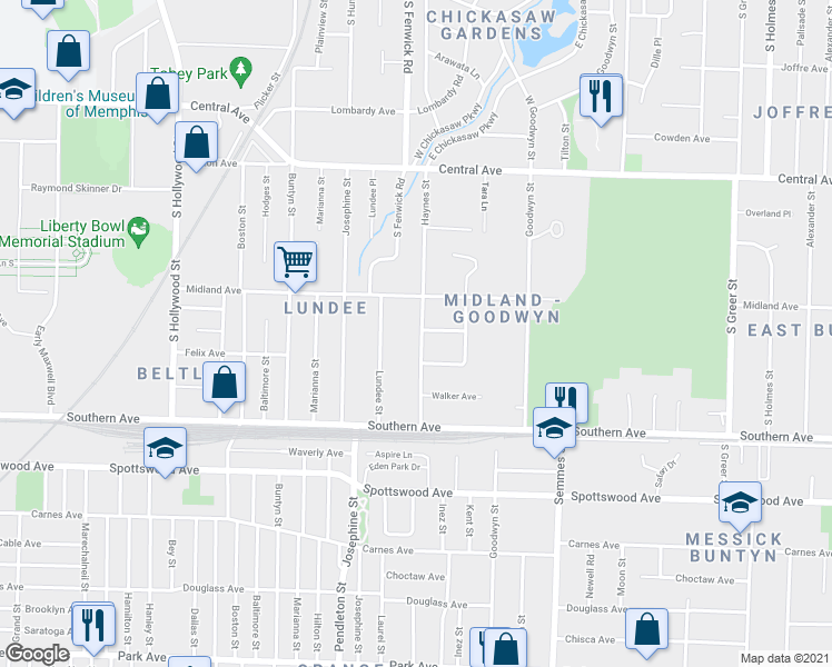 map of restaurants, bars, coffee shops, grocery stores, and more near 495 Haynes Street in Memphis