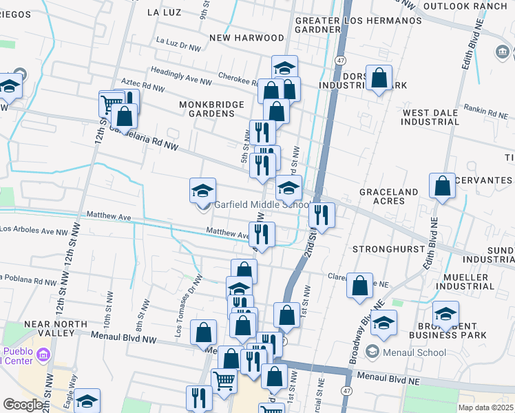 map of restaurants, bars, coffee shops, grocery stores, and more near 3501 4th Street Northwest in Albuquerque