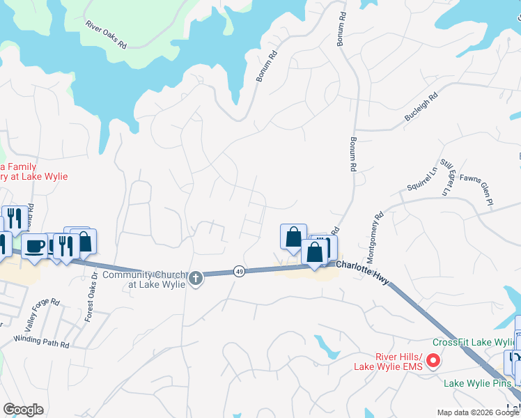 map of restaurants, bars, coffee shops, grocery stores, and more near 655 Cypress Glen Lane in Lake Wylie