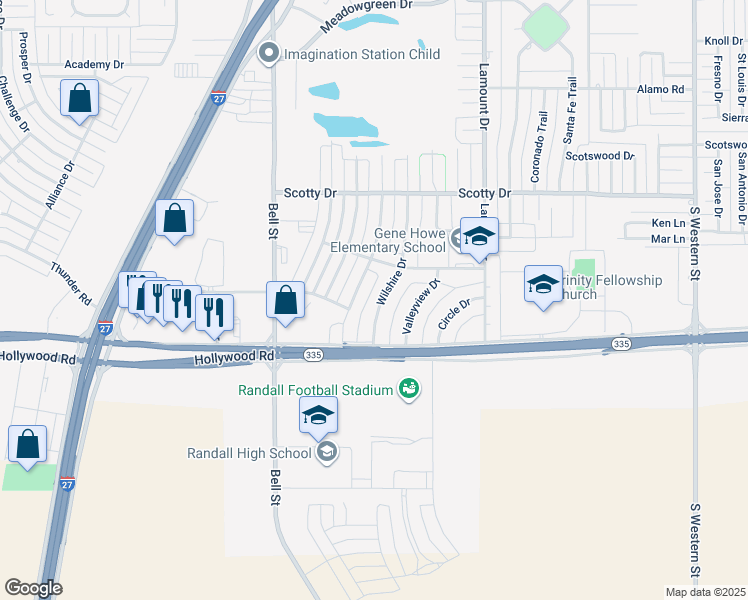 map of restaurants, bars, coffee shops, grocery stores, and more near 8610 Wilshire Drive in Amarillo