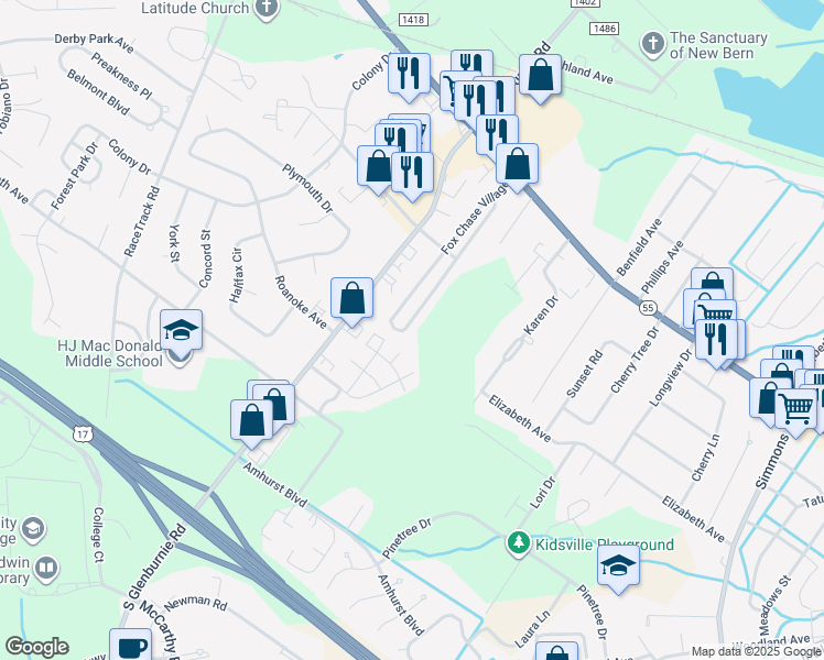 map of restaurants, bars, coffee shops, grocery stores, and more near 449 Fox Chase Village in New Bern