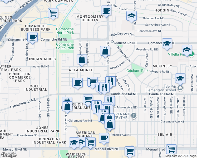 map of restaurants, bars, coffee shops, grocery stores, and more near 3113 Carlisle Boulevard Northeast in Albuquerque