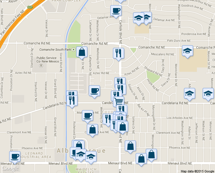 map of restaurants, bars, coffee shops, grocery stores, and more near 3121 Amherst Drive Northeast in Albuquerque