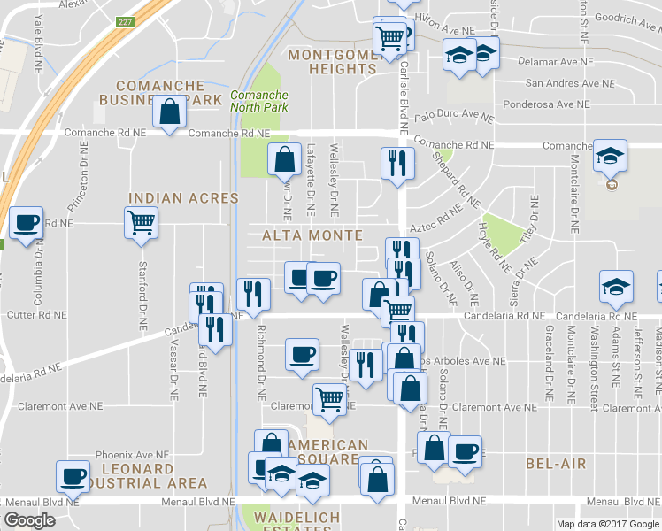 map of restaurants, bars, coffee shops, grocery stores, and more near 3206 Alta Monte Avenue Northeast in Albuquerque