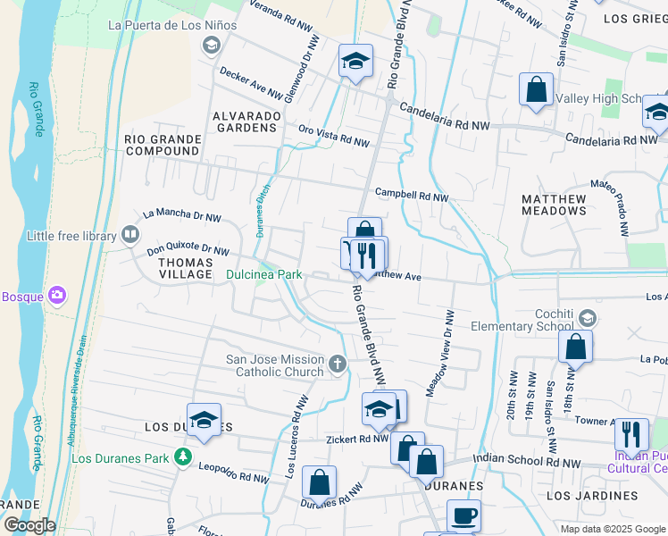 map of restaurants, bars, coffee shops, grocery stores, and more near 2305 Via Cadiz Court Northwest in Albuquerque