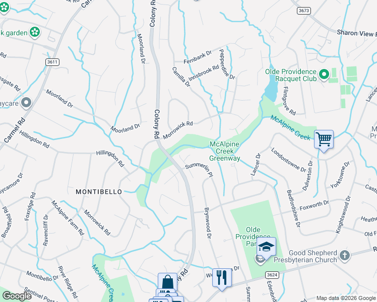 map of restaurants, bars, coffee shops, grocery stores, and more near 6319 Summerlin Place in Charlotte