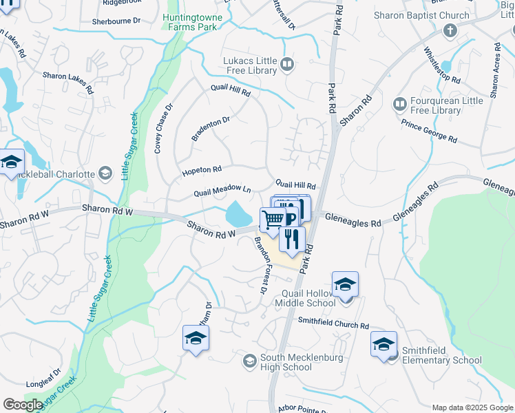 map of restaurants, bars, coffee shops, grocery stores, and more near 8346 Meadow Lakes Drive in Charlotte