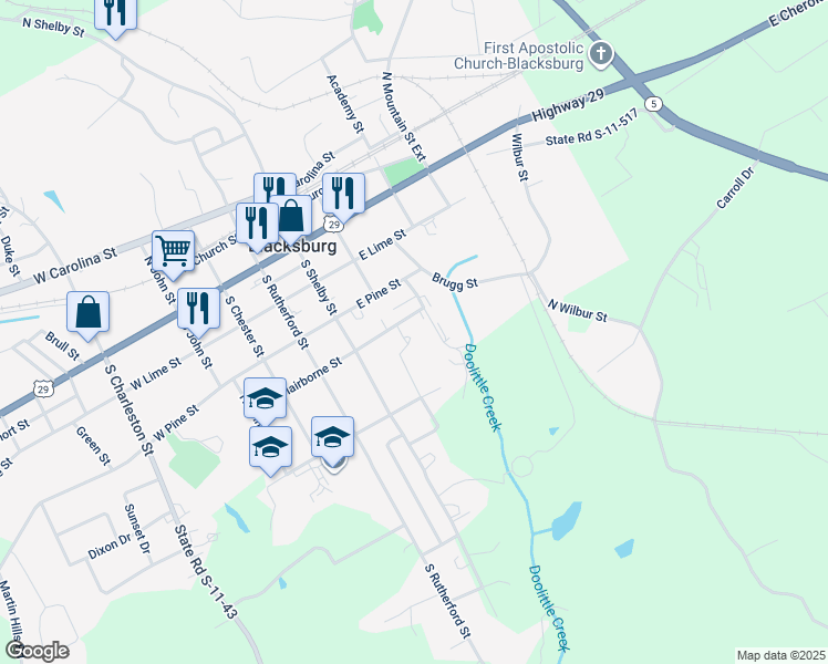 map of restaurants, bars, coffee shops, grocery stores, and more near 214 Logan Drive in Blacksburg