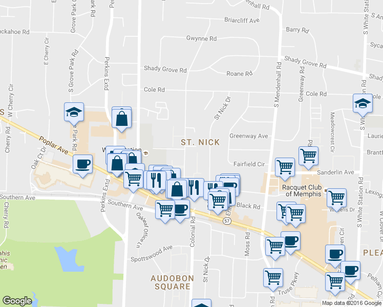 map of restaurants, bars, coffee shops, grocery stores, and more near 480 Colonial Road in Memphis