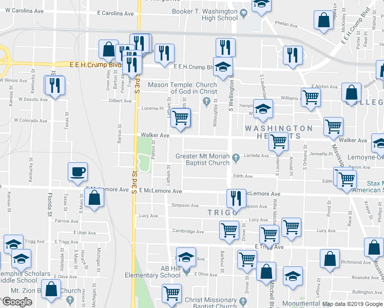 map of restaurants, bars, coffee shops, grocery stores, and more near 334 Gaston Avenue in Memphis