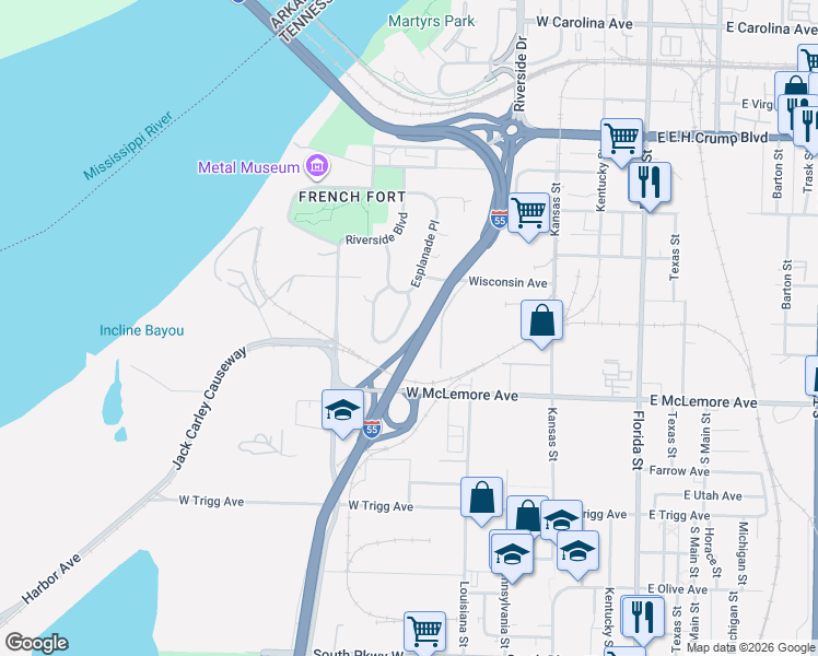 map of restaurants, bars, coffee shops, grocery stores, and more near 1084 Deumaine Place in Memphis