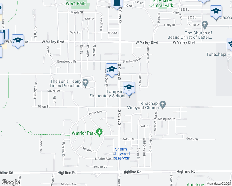 map of restaurants, bars, coffee shops, grocery stores, and more near 206 Spruce Street in Tehachapi