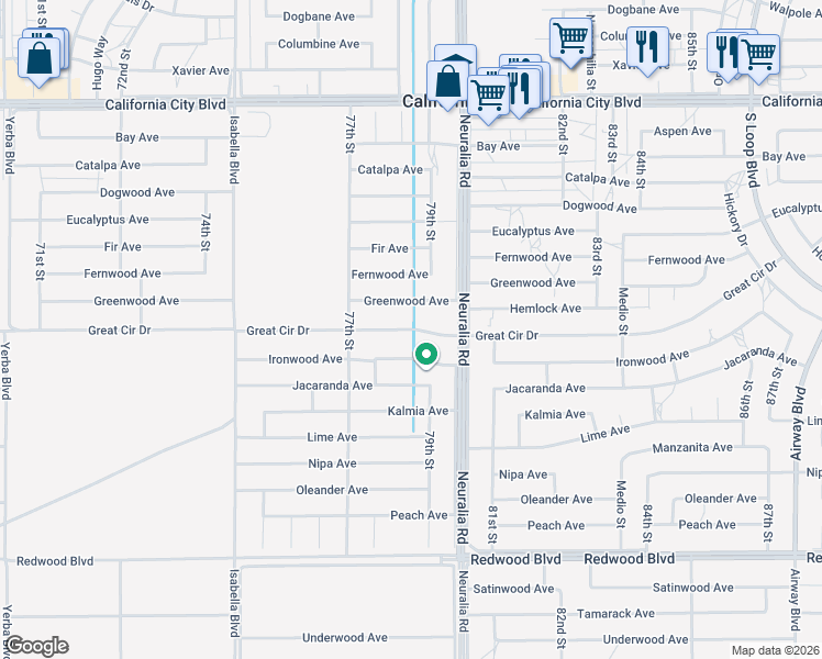 map of restaurants, bars, coffee shops, grocery stores, and more near Great Circle Drive in California City