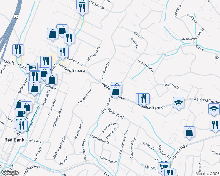 map of restaurants, bars, coffee shops, grocery stores, and more near 513 Ashland Terrace in Chattanooga