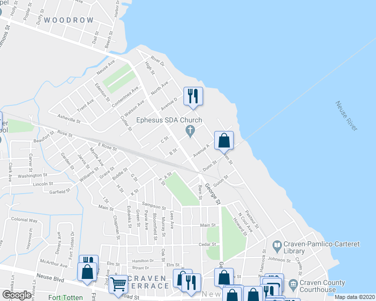 map of restaurants, bars, coffee shops, grocery stores, and more near 1208 National Avenue in New Bern