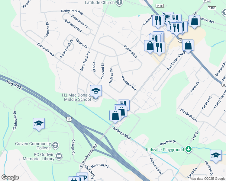 map of restaurants, bars, coffee shops, grocery stores, and more near 820 Halifax Circle in New Bern