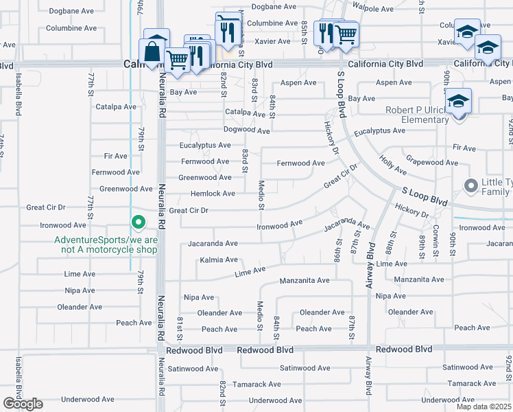 map of restaurants, bars, coffee shops, grocery stores, and more near Great Circle Drive in California City