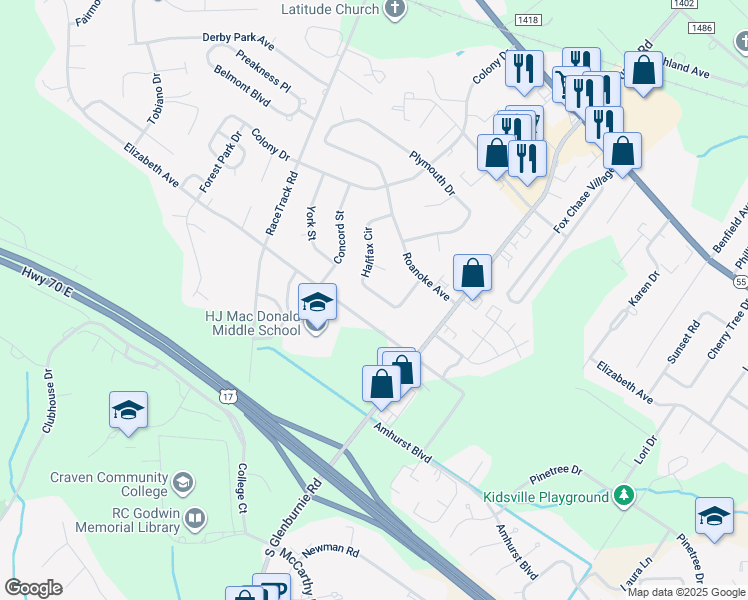 map of restaurants, bars, coffee shops, grocery stores, and more near 820 Halifax Circle in New Bern