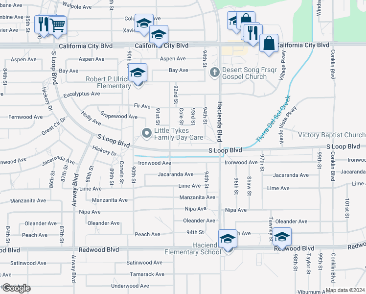 map of restaurants, bars, coffee shops, grocery stores, and more near S Street in California City