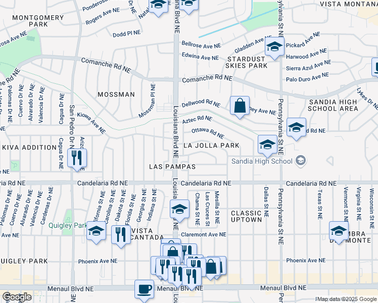 map of restaurants, bars, coffee shops, grocery stores, and more near 6901 Shoshone Road Northeast in Albuquerque
