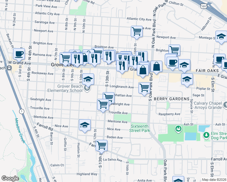 map of restaurants, bars, coffee shops, grocery stores, and more near 342 South 14th Street in Grover Beach