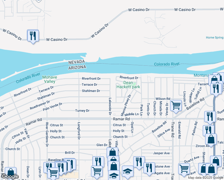 map of restaurants, bars, coffee shops, grocery stores, and more near 1386 Lakeside Drive in Bullhead City